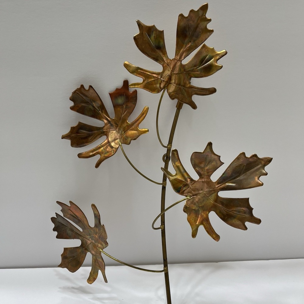 Vintage Brutalist-Style Wall Art Copper Toned Maple Leaves Metal Stem 12x15"